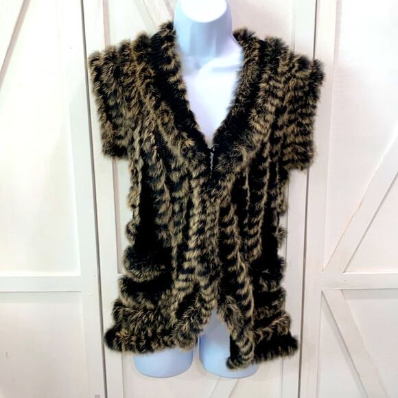 Mushka By Sienna Rose Rabbit Fur Black And Tan Vest Cardigan With Pockets Size S - Picture 3 of 14